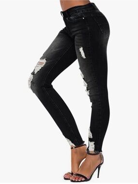 Butt Lifting Destroyed Mid-Rise Skinny Stretchy Jeans in Black Medium NWT
